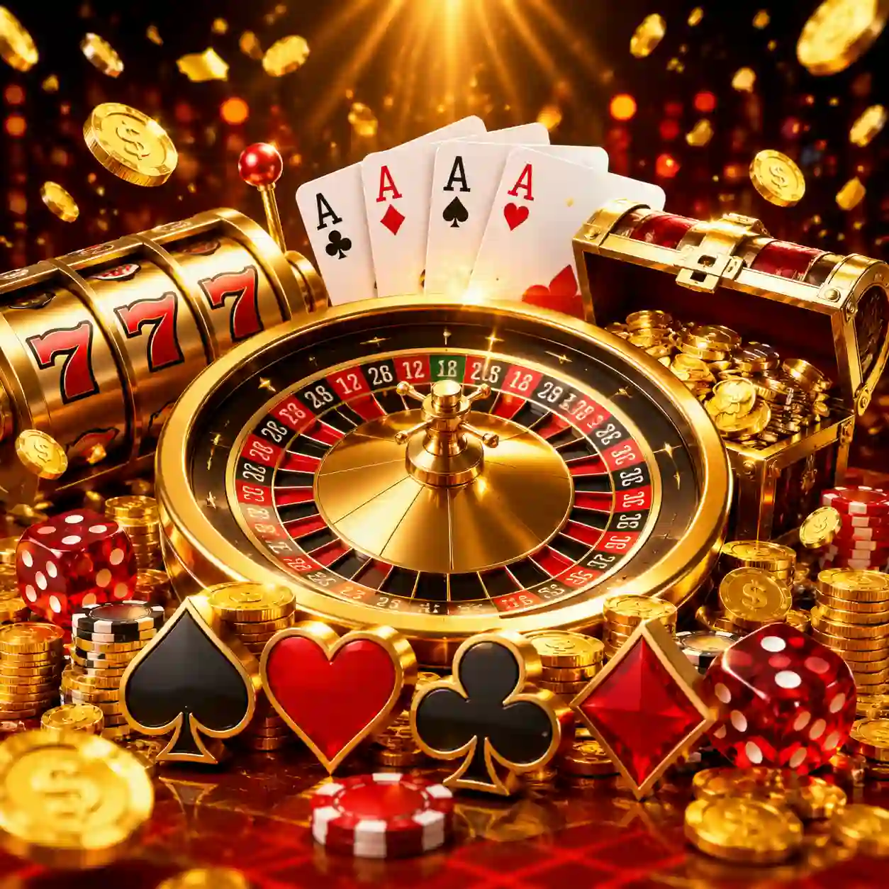 Saguão de cassino digital escuro com luzes douradas e cartas flutuando