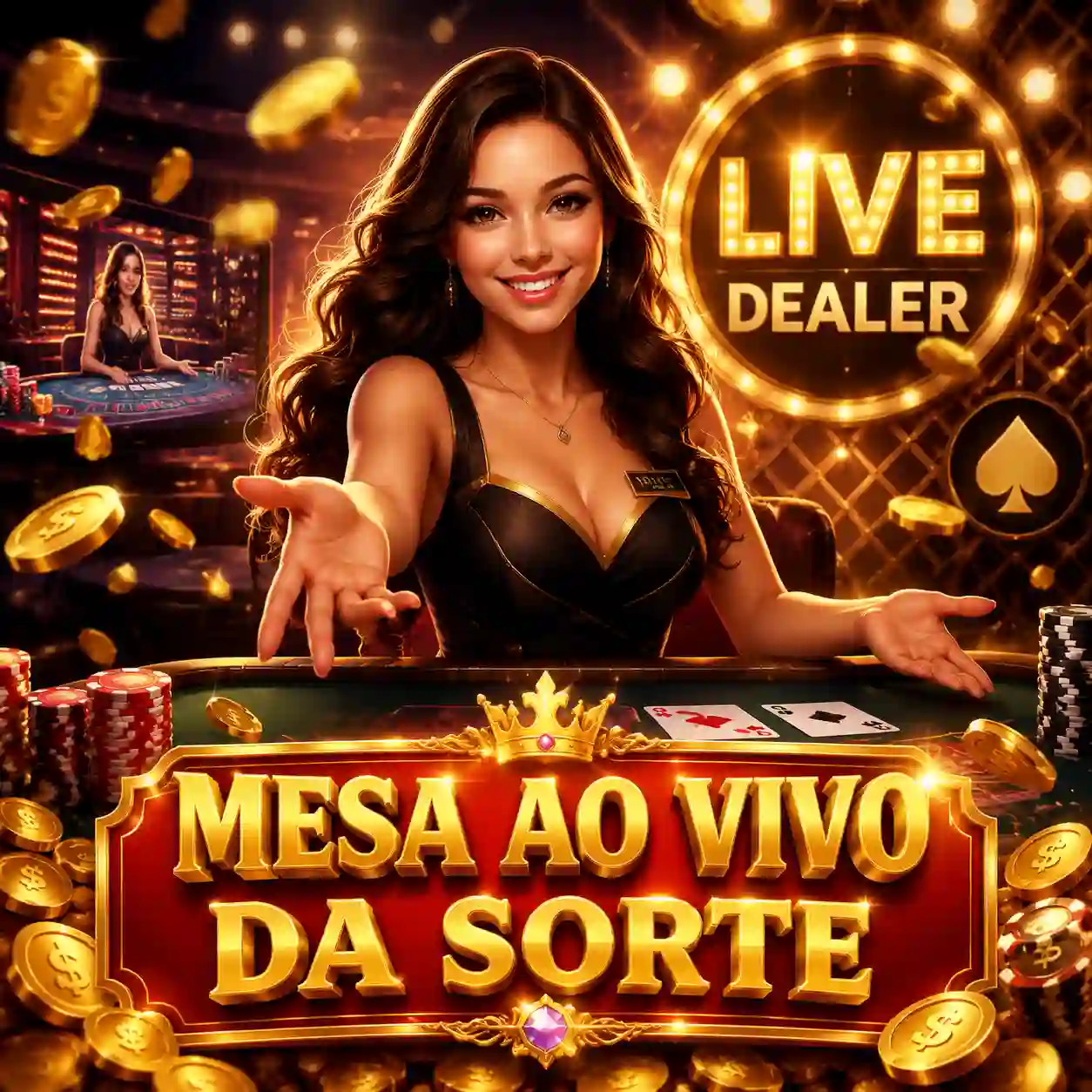 Dealer ao vivo em mesa de cassino com iluminação âmbar